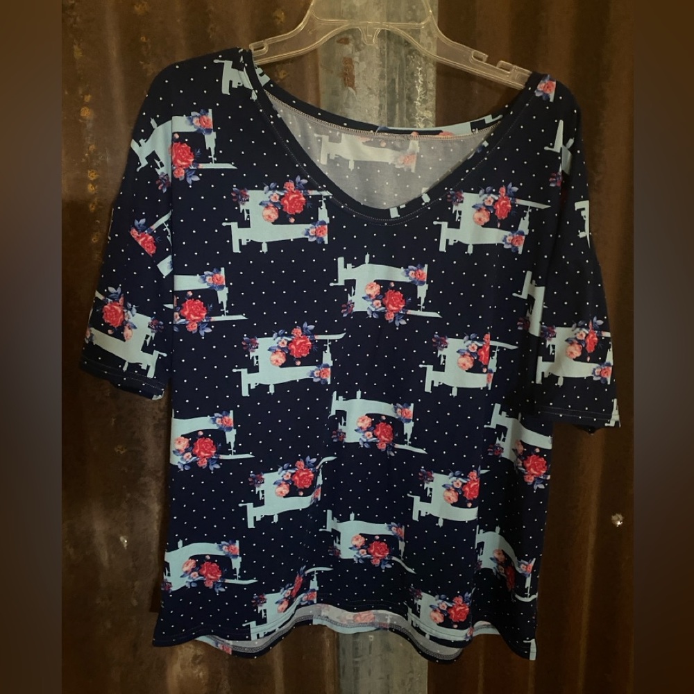 Unmarked Navy Blue Polka Dot and Floral Print Top